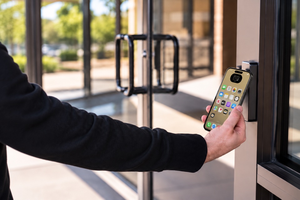 Person holding a smartphone near an access control reader at a glass entrance