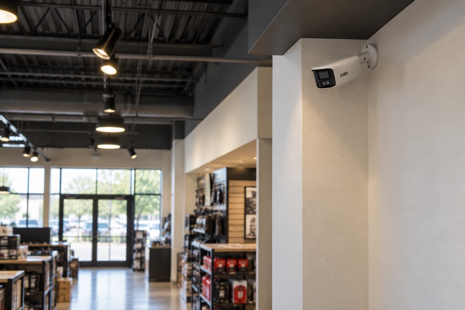 White DMP security camera mounted above the entrance of a retail store